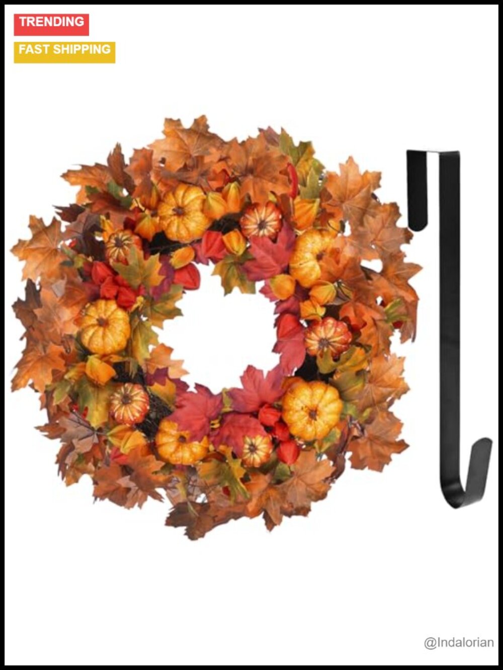 24 Inch Fall Wreath for Front Door with Pumpkins Autumn Leaves